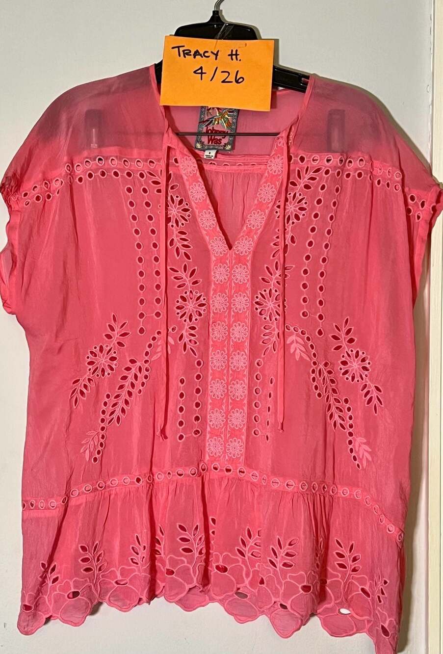 Johnny Was Silk Eyelet Embroidered Blouse Coral Pink Size Small
